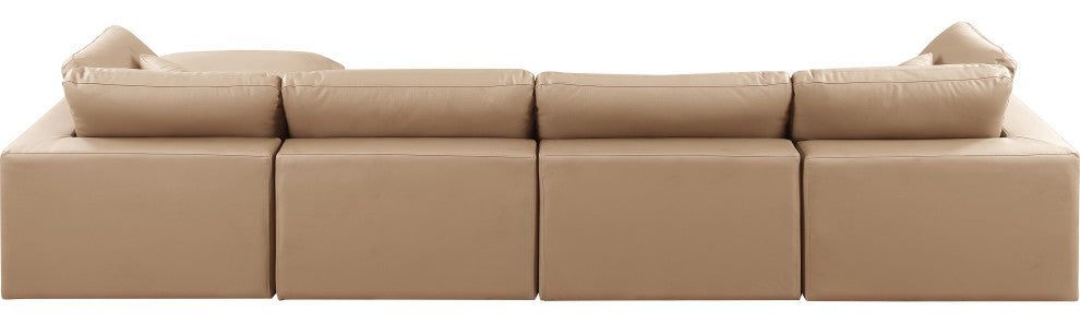 Comfy Upholstered L-Shaped Modular Sectional, Tan, 5-Piece: 2 Armless Chair, 2 Corner Chair, 1 Ottoman, Vegan Leather