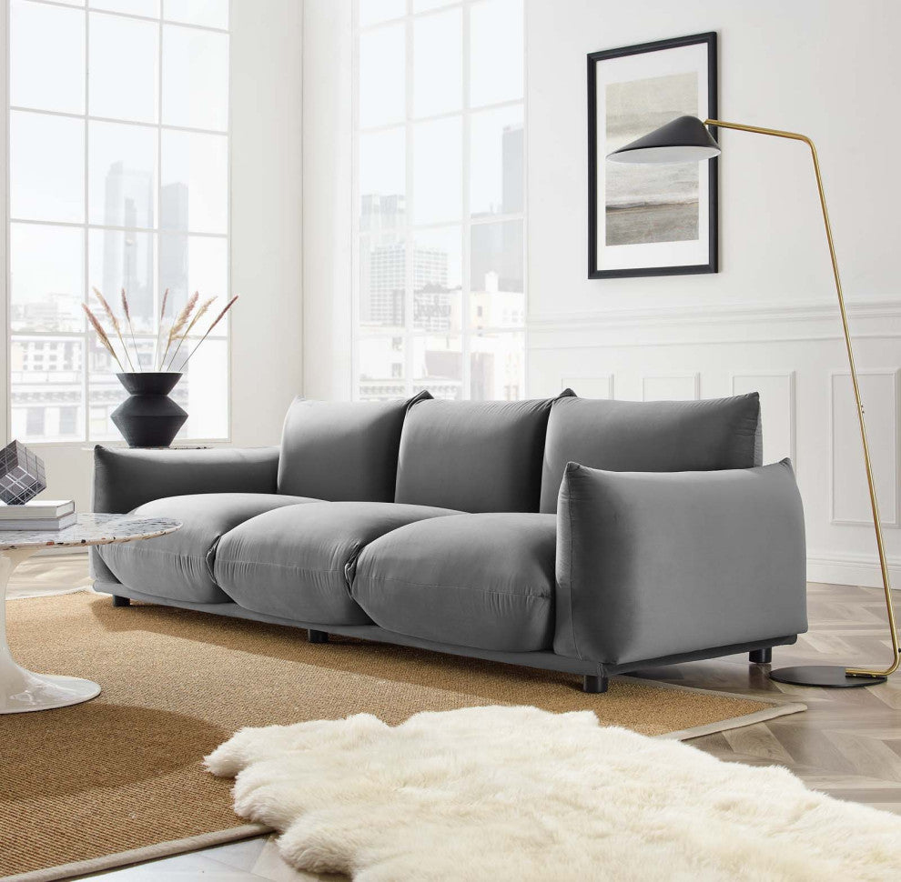 Sofa, Velvet, Gray, Modern, Living Lounge Room Hotel Lobby Hospitality