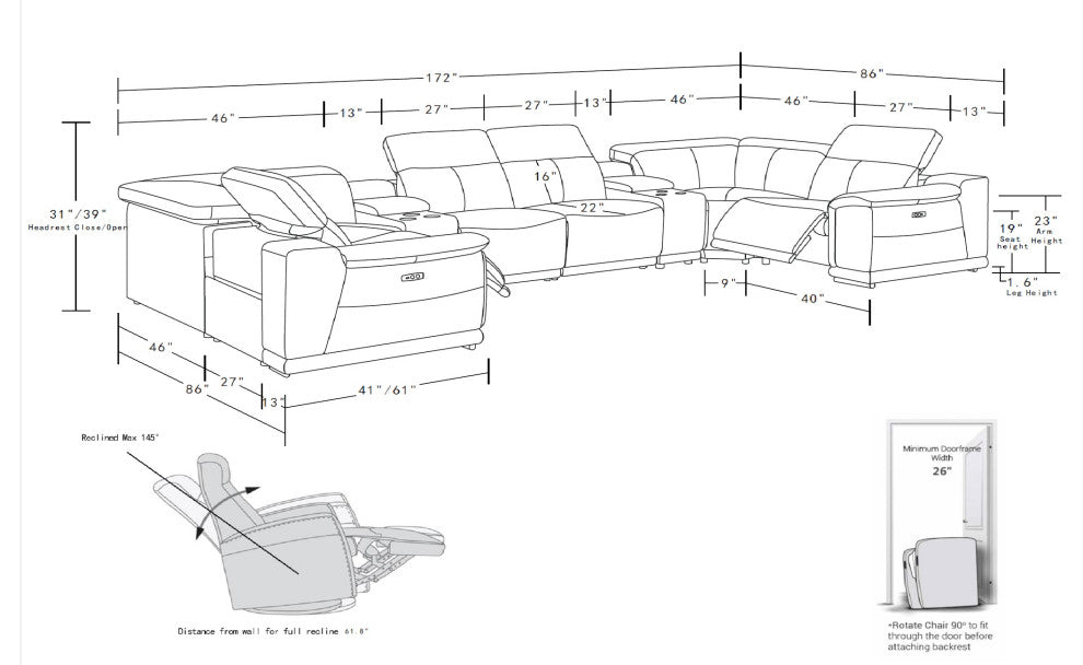 Federico 8-Piece Italian Leather U Sectional, 2 Power Recliners, Dark Gray