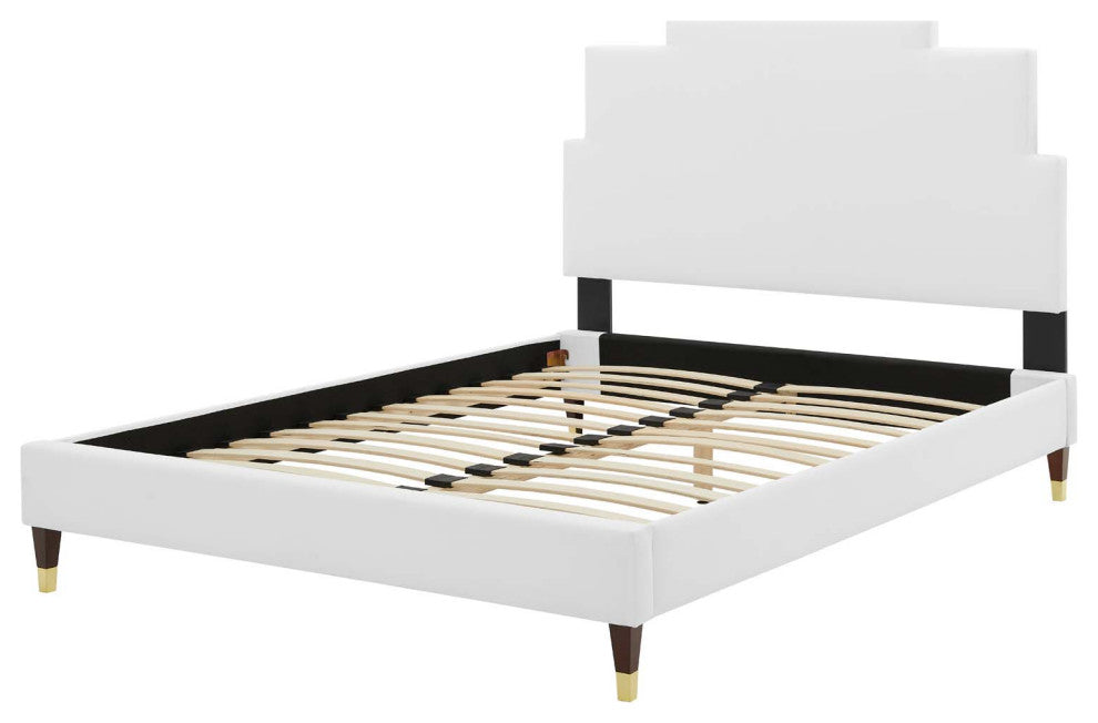 Platform Bed Frame, Full Size, Velvet, White, Modern Contemporary, Bedroom