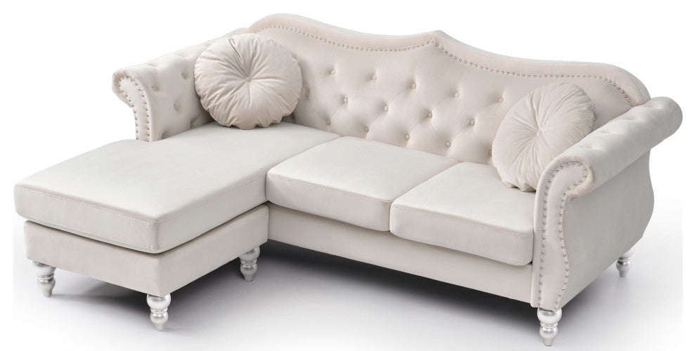 Hollywood Velvet Tufted sofa With Reversible Chaise, Ivory