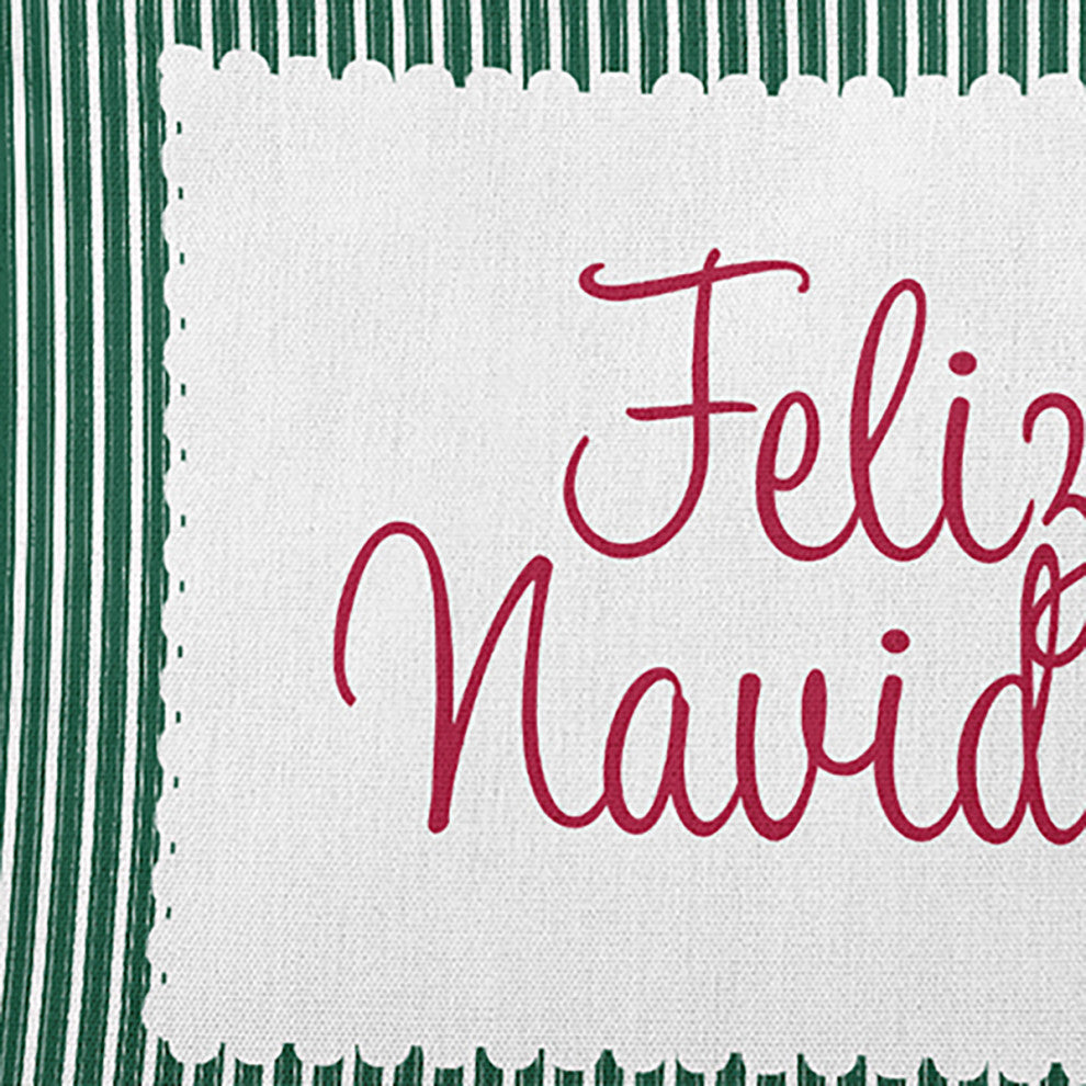 Feliz Navidad Ticking Accent Pillow, Forest Green, 14"x20"