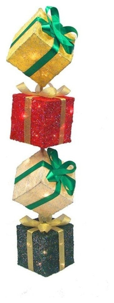 45" Lighted Sisal Gift Box Tower Christmas Yard Art Decoration
