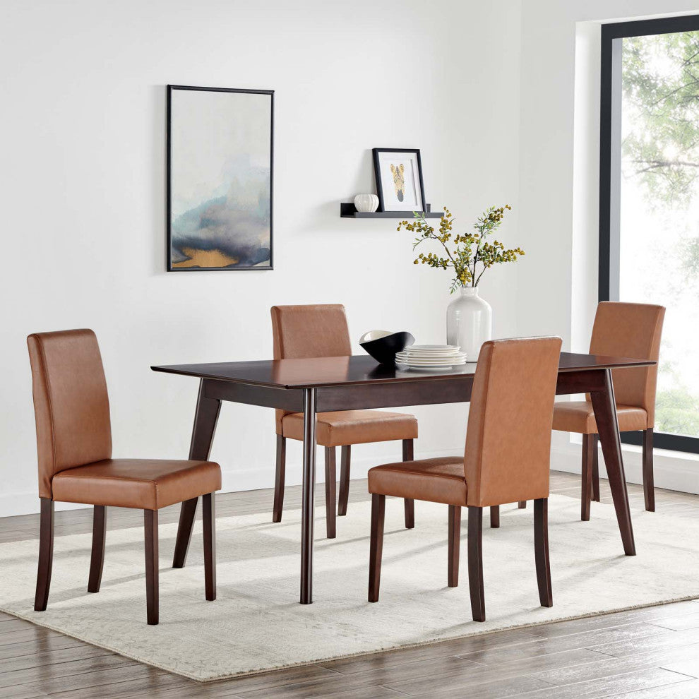 Side Dining Chair and Table Set, Faux Leather, Drak Brown Tan, Modern, Bistro
