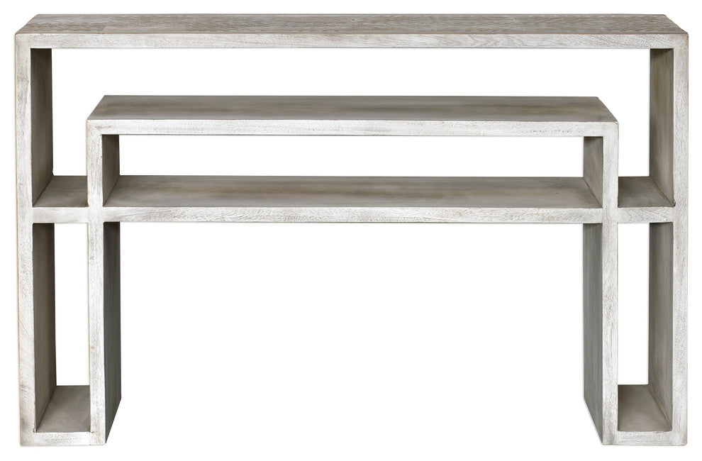 Mid Century Modern Carved Geometric Console Table Diamond Pattern Aged White