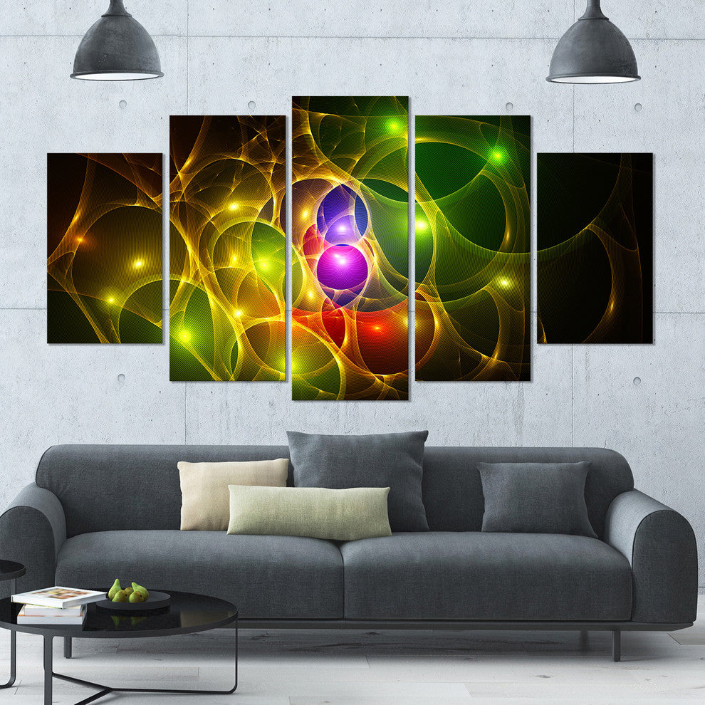 Glowing Fractal Underwater World, Abstract Wall Art Canvas, 60"x32", 5 Panels