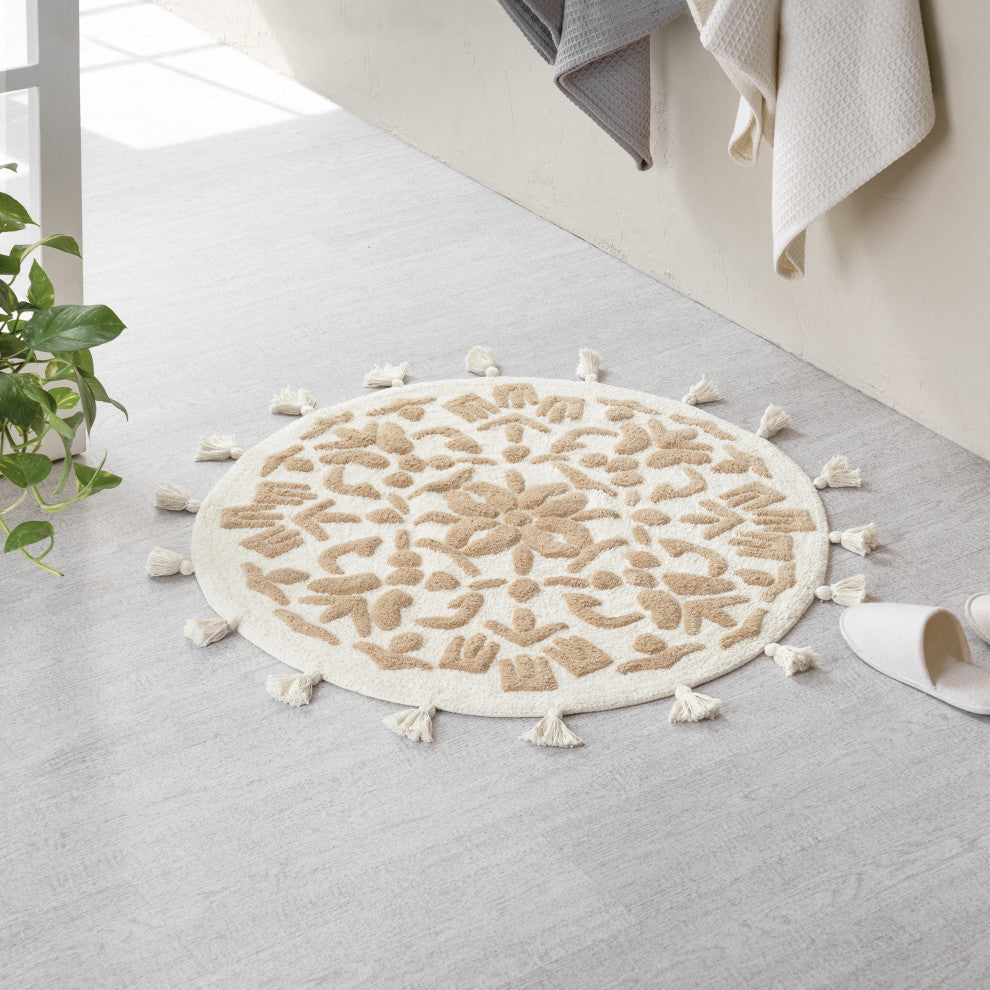 Cambridge Round Tufted Bath Mat With Tassels, Ivory/Beige