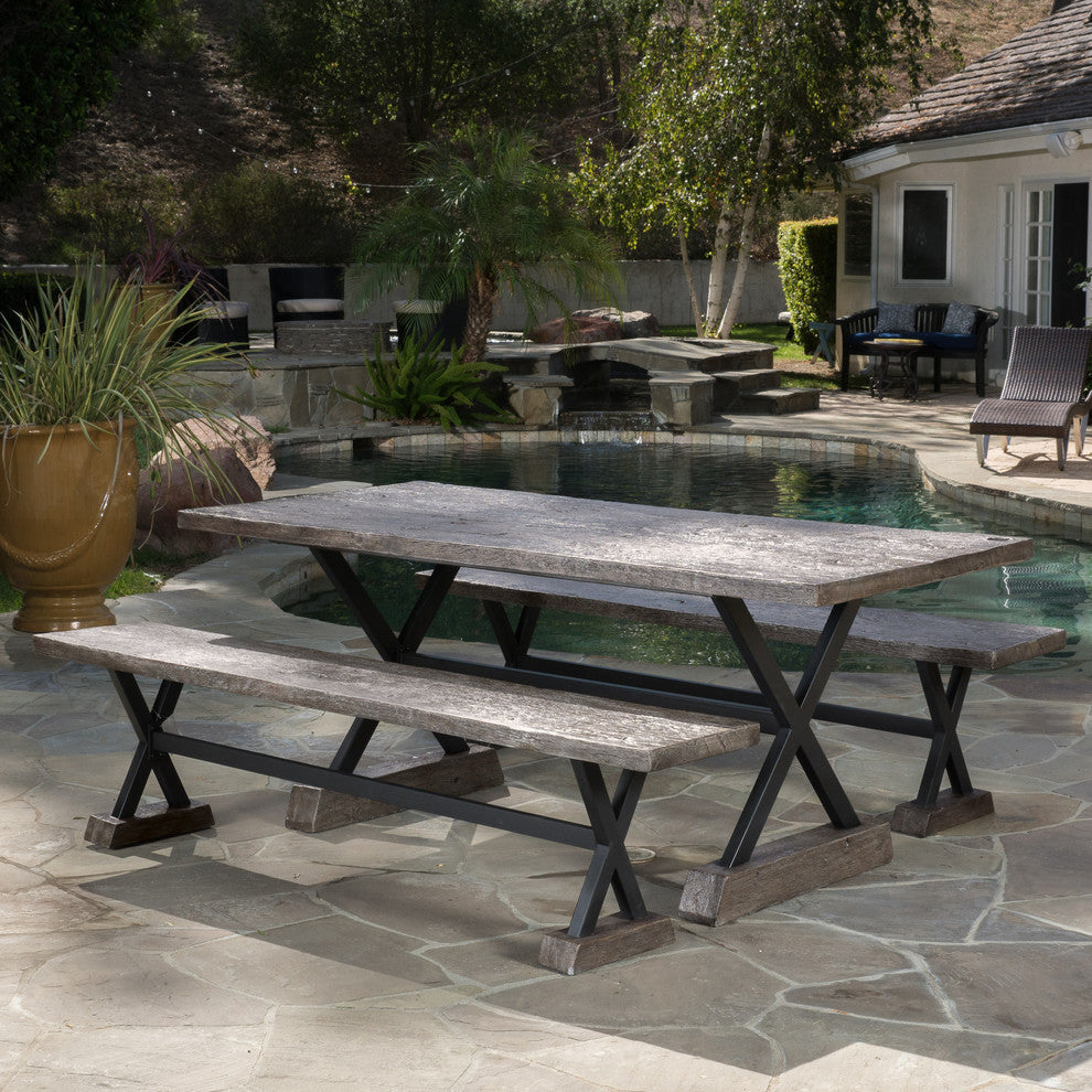 GDF Studio Numana Outdoor 3 Piece Lightweight Concrete Dining Set with Benche