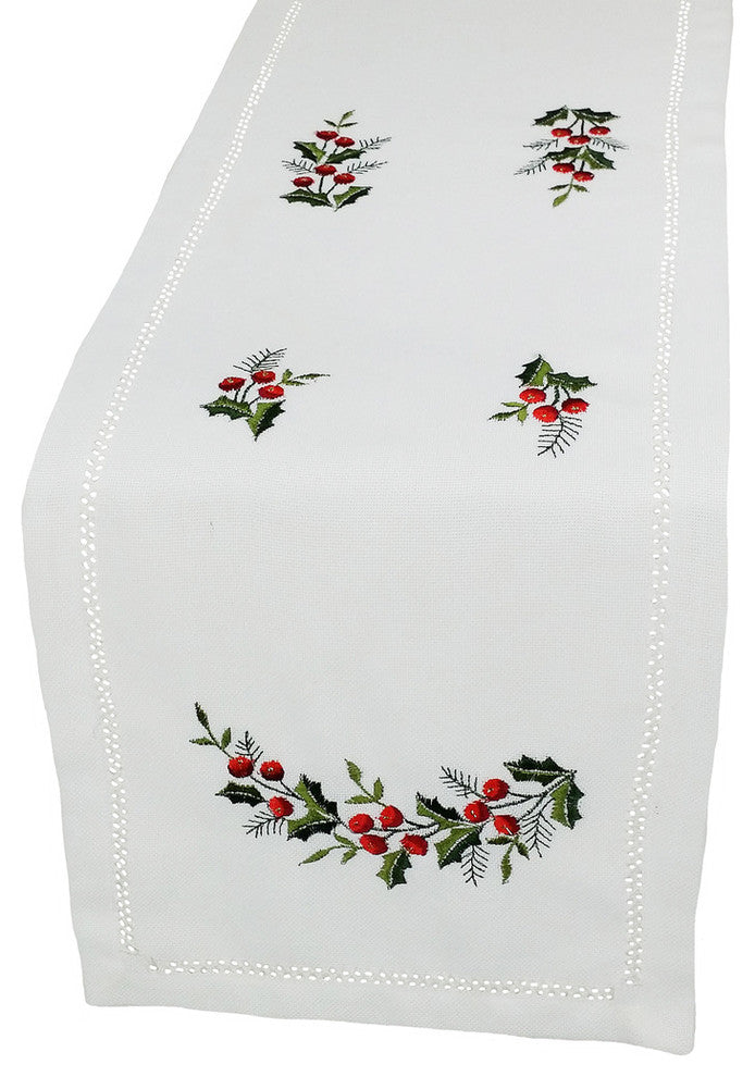 Holly Berry Embroidered Hemstitch Christmas Mini Table Runner, 12"x28"