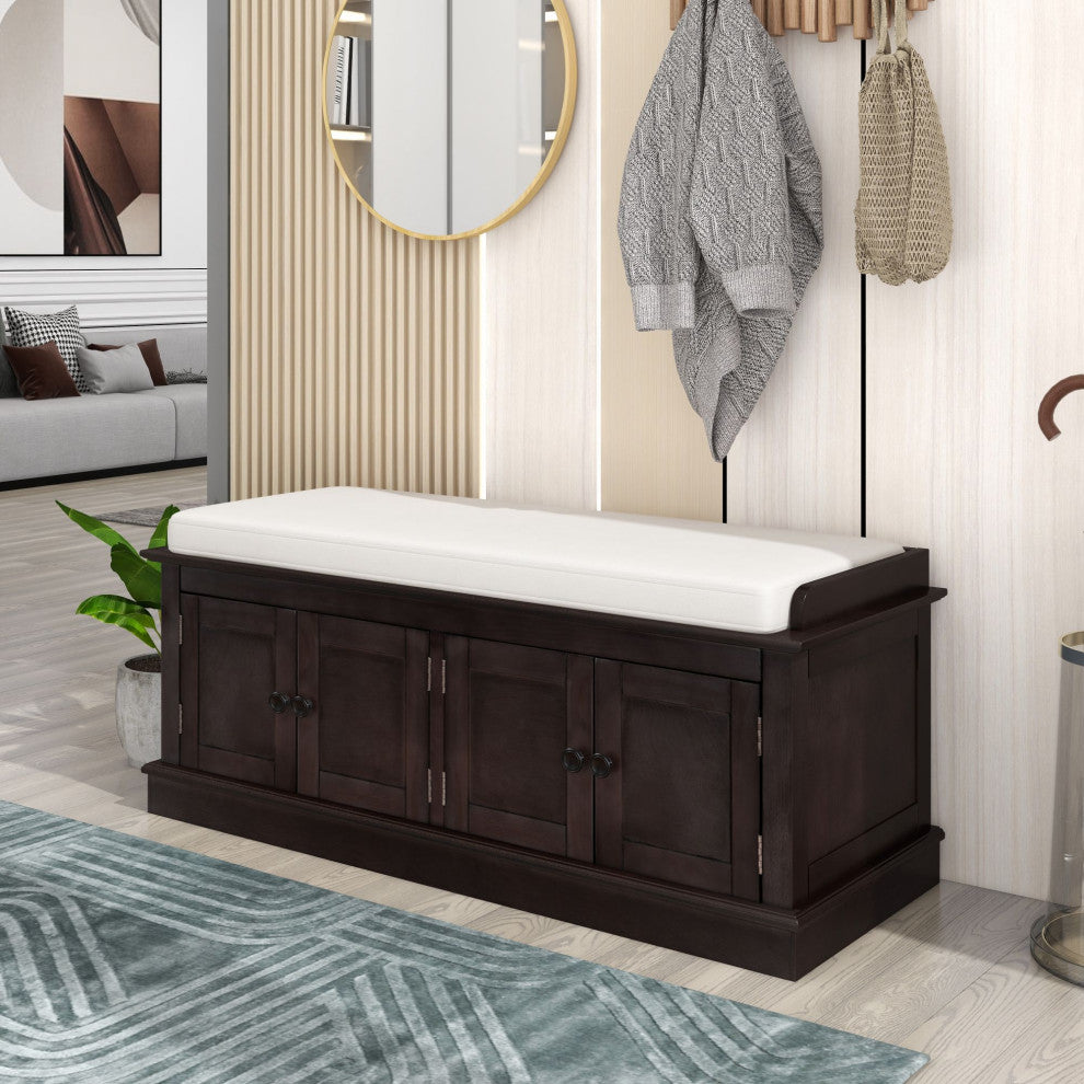 TATEUS 42" Wooden Storage Bench With 4 Doors and Adjustable Shelves for Entryway, Espresso