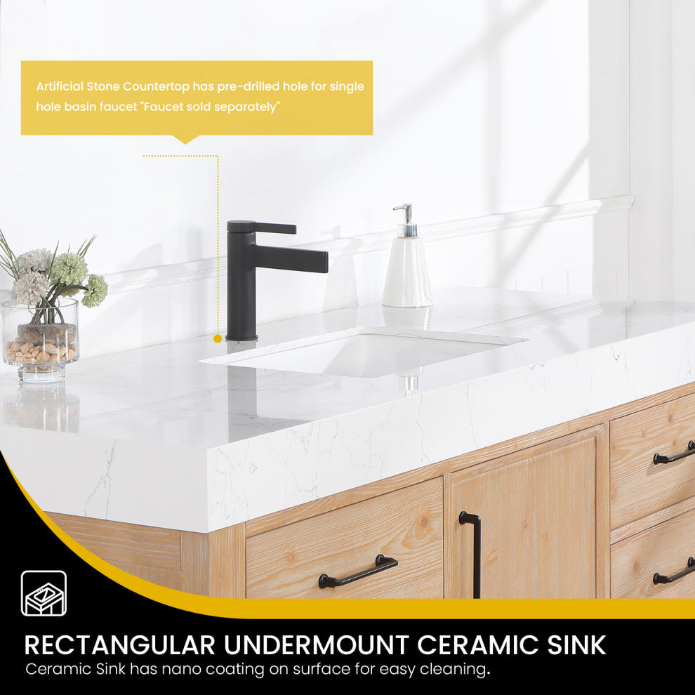 Leon Bath Vanity With Composite Stone Top, Fir Wood Brown, 60" Single Sink, No Mirror