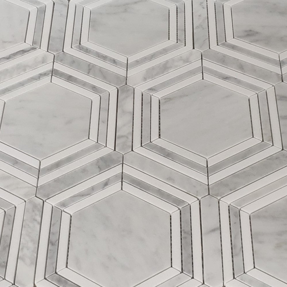Carrara White Marble 5 Hexagon Georama Mosaic Tile Thassos Strip Honed, 1 sheet