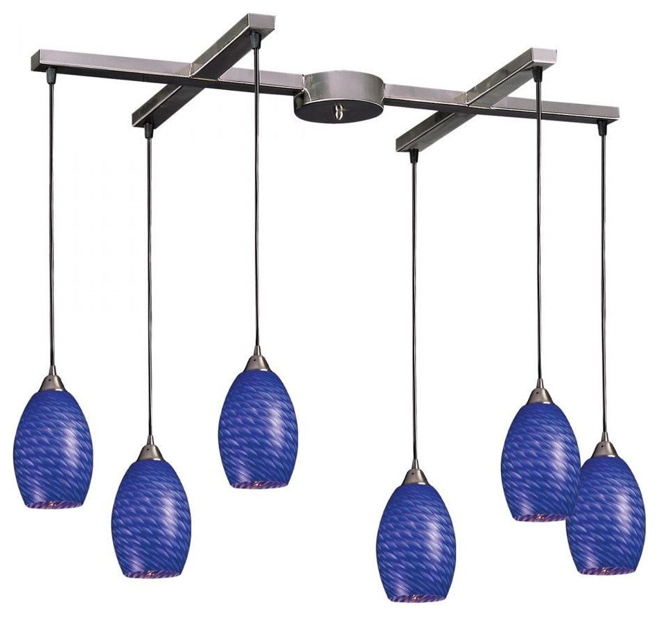 Mulinello 6-Light Satin Nickel Pendant, Sapphire Glass