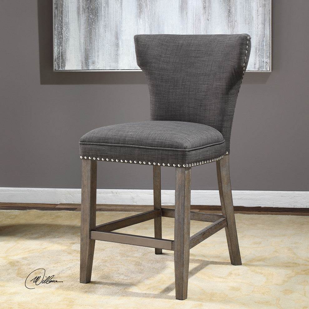 Retro Charcoal Gray Bar Counter Stool, Back Cushion Nailhead Wood Midcentury