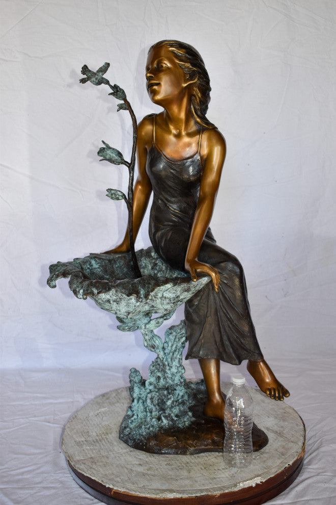 Beautiful Young Girl by A Hummingbird Bath Bronze Statue Size: 22" x 17" x 39"