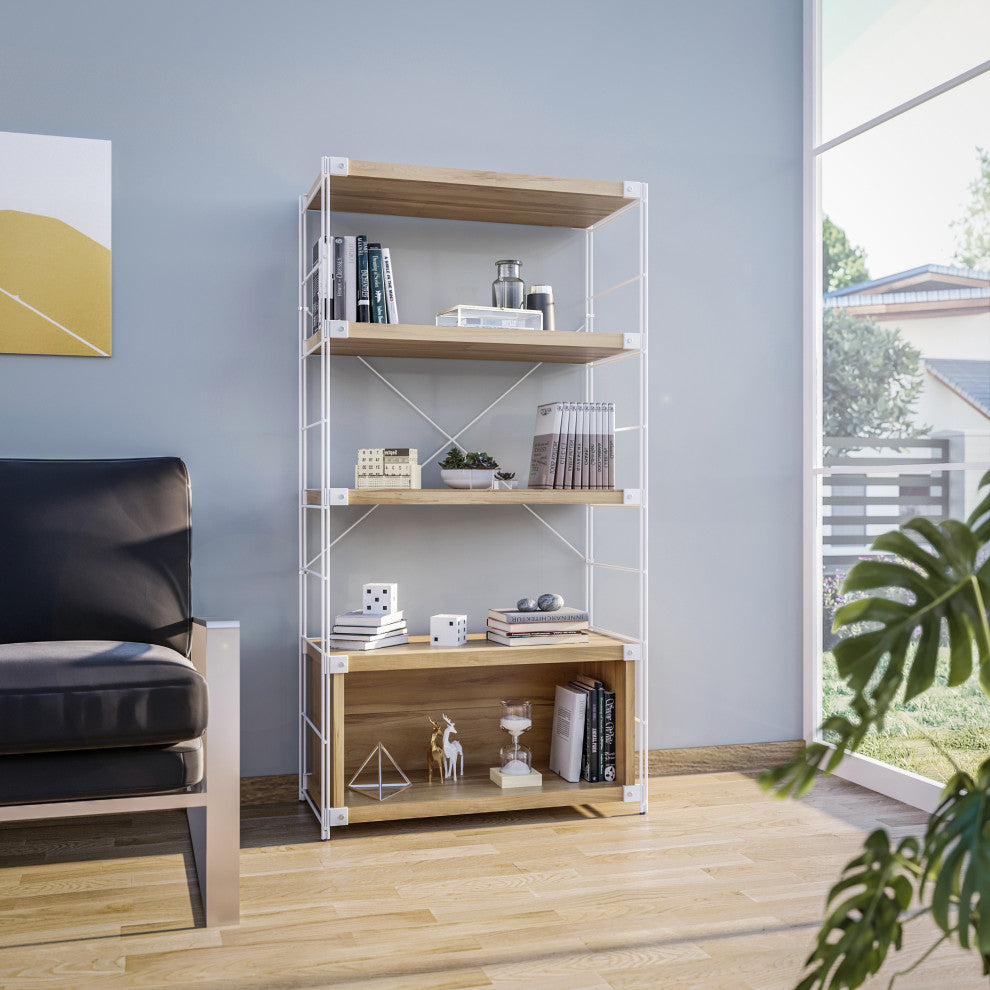 Brentwood 4-Tier Etagere Bookcase Wide Display Shelf with Steel Frame, Natural Wood