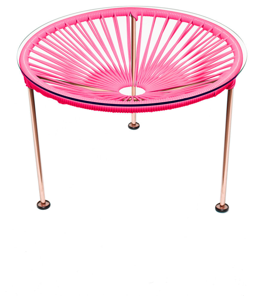 Zicatela Indoor/Outdoor Handmade Side Table, Pink Weave, Copper Frame