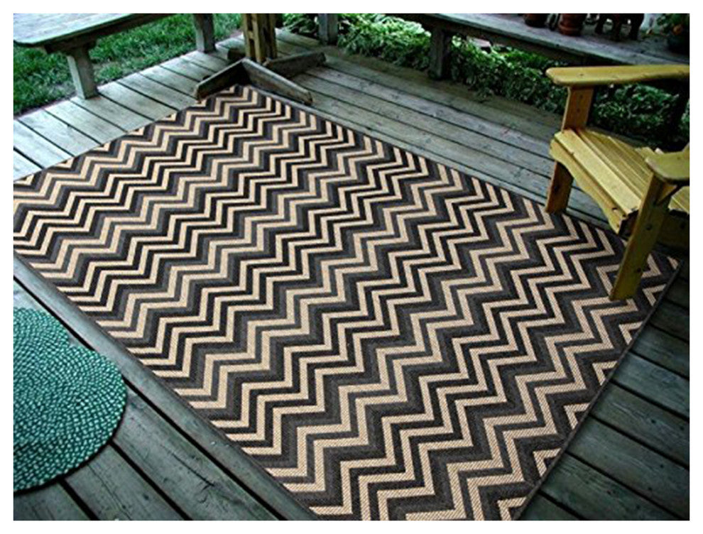 Geometric Zigzag Ocean Blue Indoor & Outdoor Area Rug 1112, Charcoal, 4'5"x7'