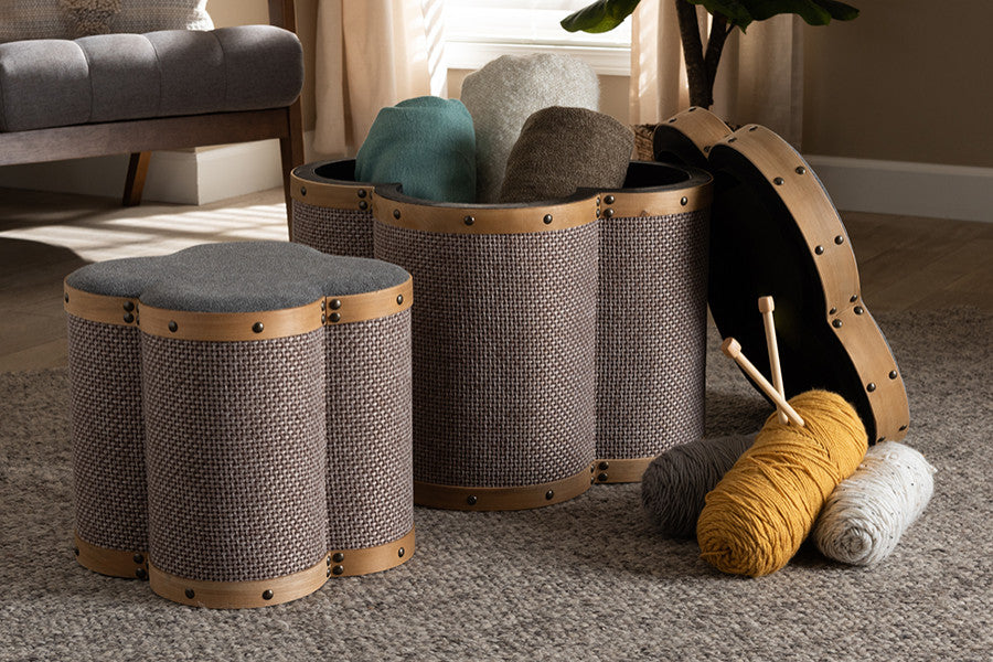 Grey and Brown Fabric Upholstered 2-Piece Clover Shaped Storage Ottoman Set