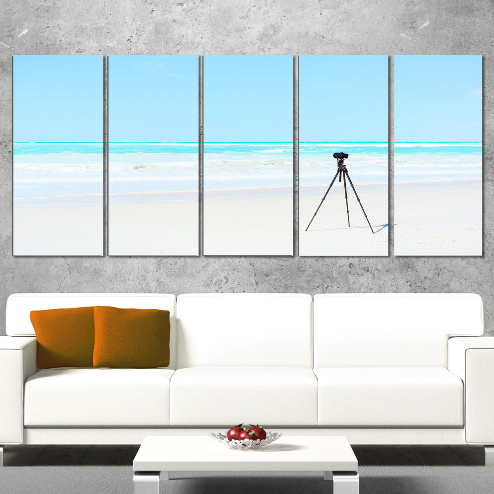 "Digital Camera And Tripod On Beach" Landscape Wall Art Print, 5 Panels, 60"x28"