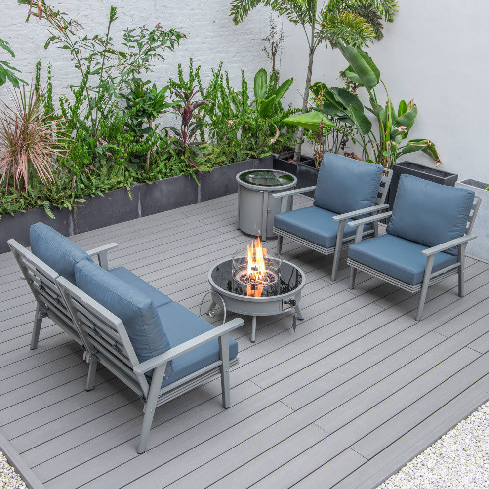 LeisureMod Walbrooke Grey Patio Sofa Set With Round Fire Pit Table, Navy Blue
