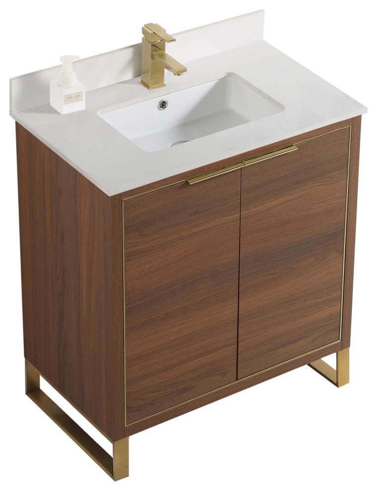 Opulence Bath Vanity, Walnut Ebony, 30", Satin Brass Hardware, White Top
