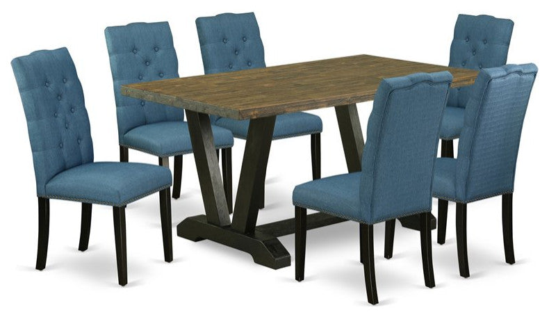 V676El121-7, 7-Piece Set Jacobean Table and 6 Linen Fabric Chairs, Black