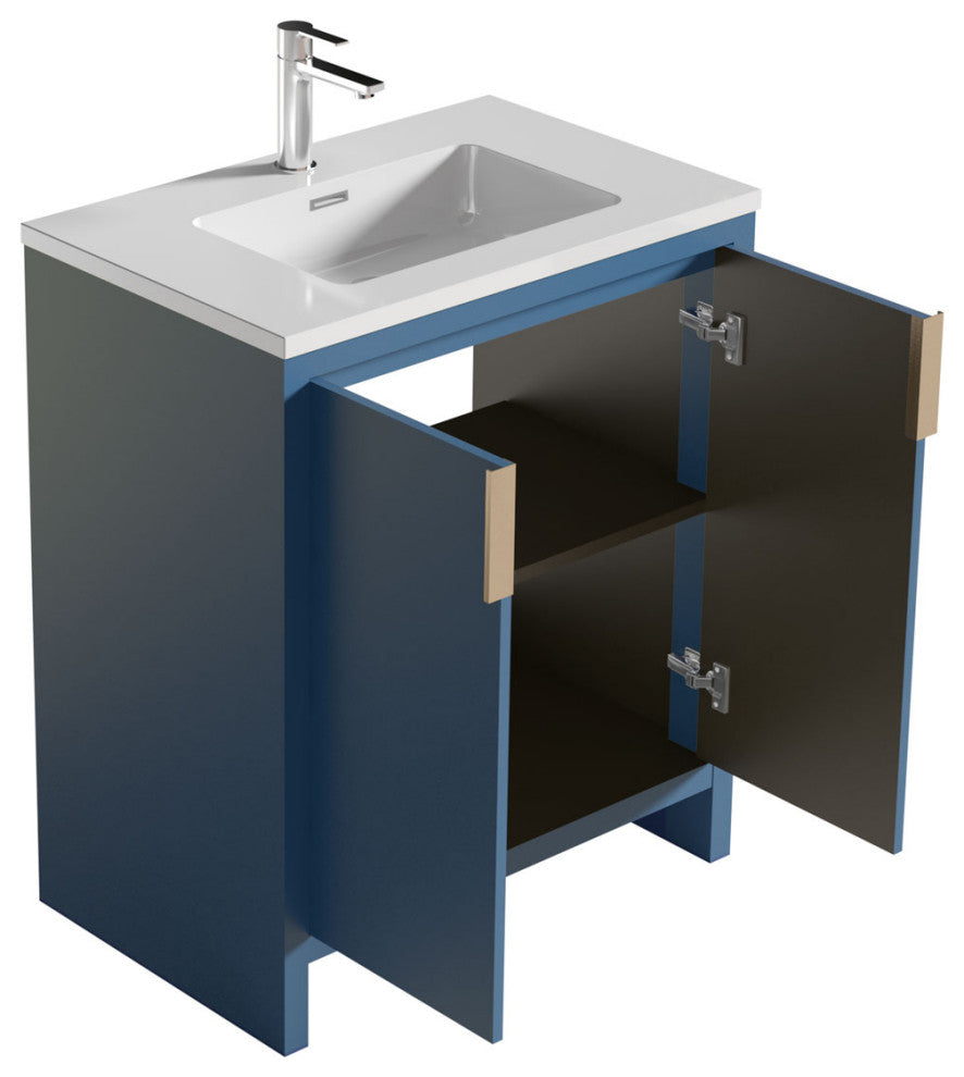 Freestanding Vanity with White Sink Top, Blue, 30"