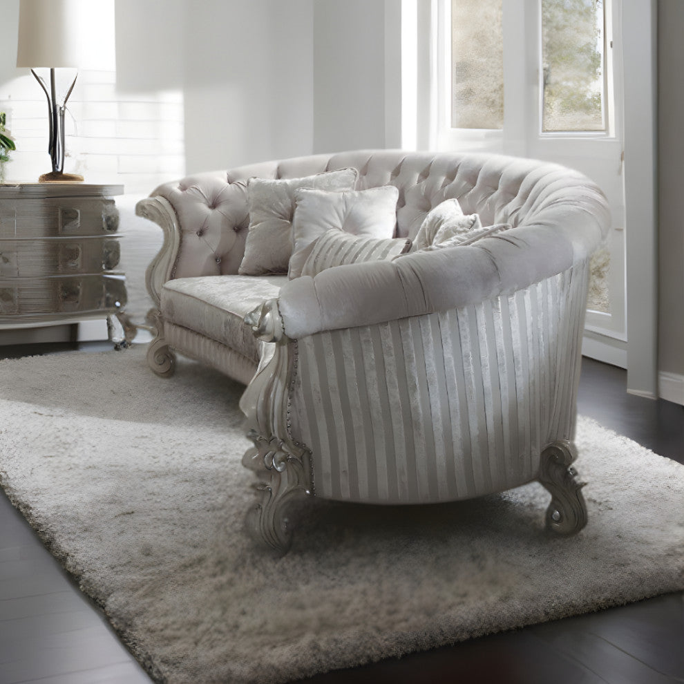 55" Ivory Velvet Curved Floral Sofa And Toss Pillows With Gray Legs