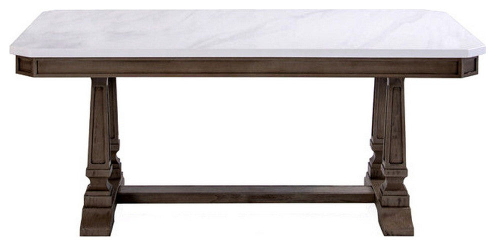 Benzara BM250677 Dining Table With Marble Top and Trestle Base, White and Brown