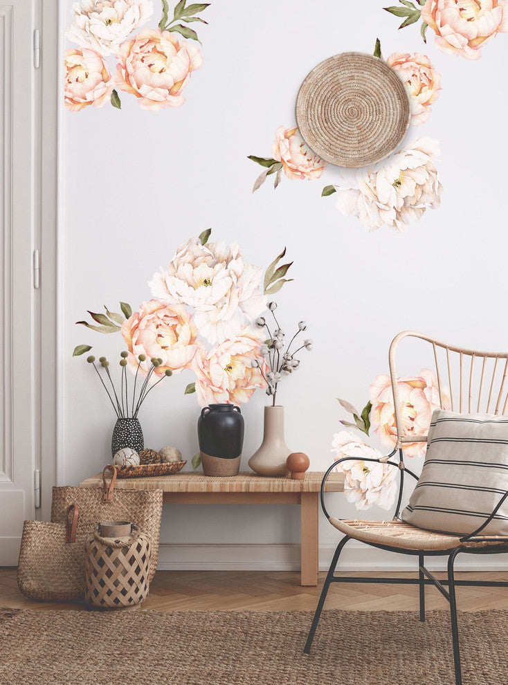 Peony Flowers Vinyl Wall Sticker, Large Set, Vintage Peach