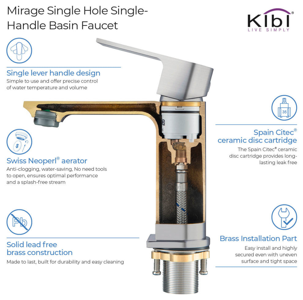 KIBI Mirage Single Handle Bathroom Faucet, Brush Nickel, With Drain