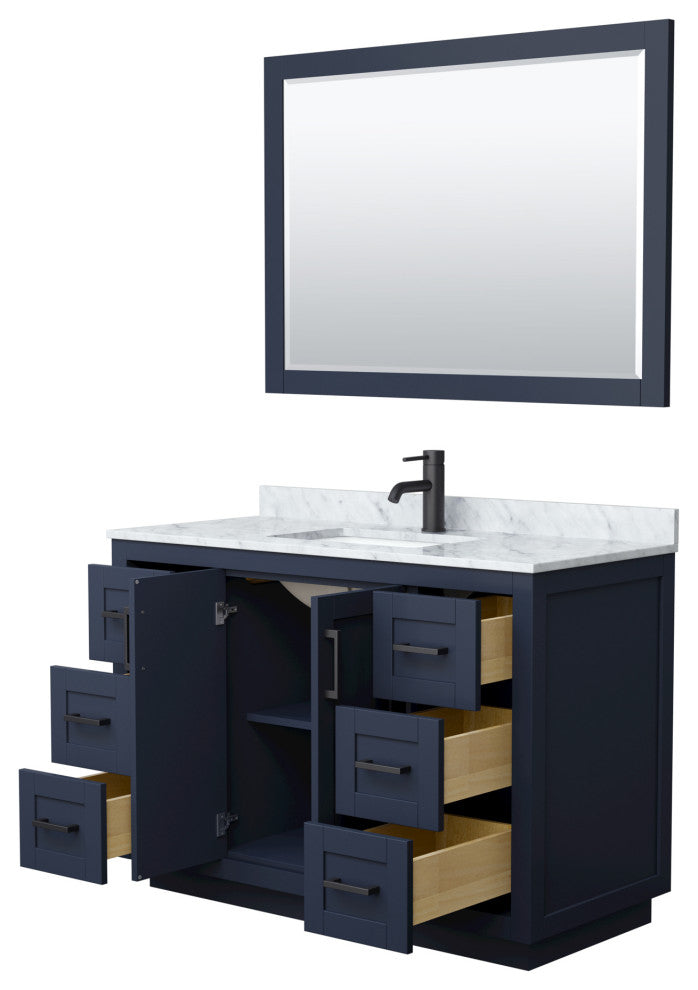 48"SGL Bathroom Vanity Dark Blue, Carrara Countertop, Sink, Black Trim,46"Mirror