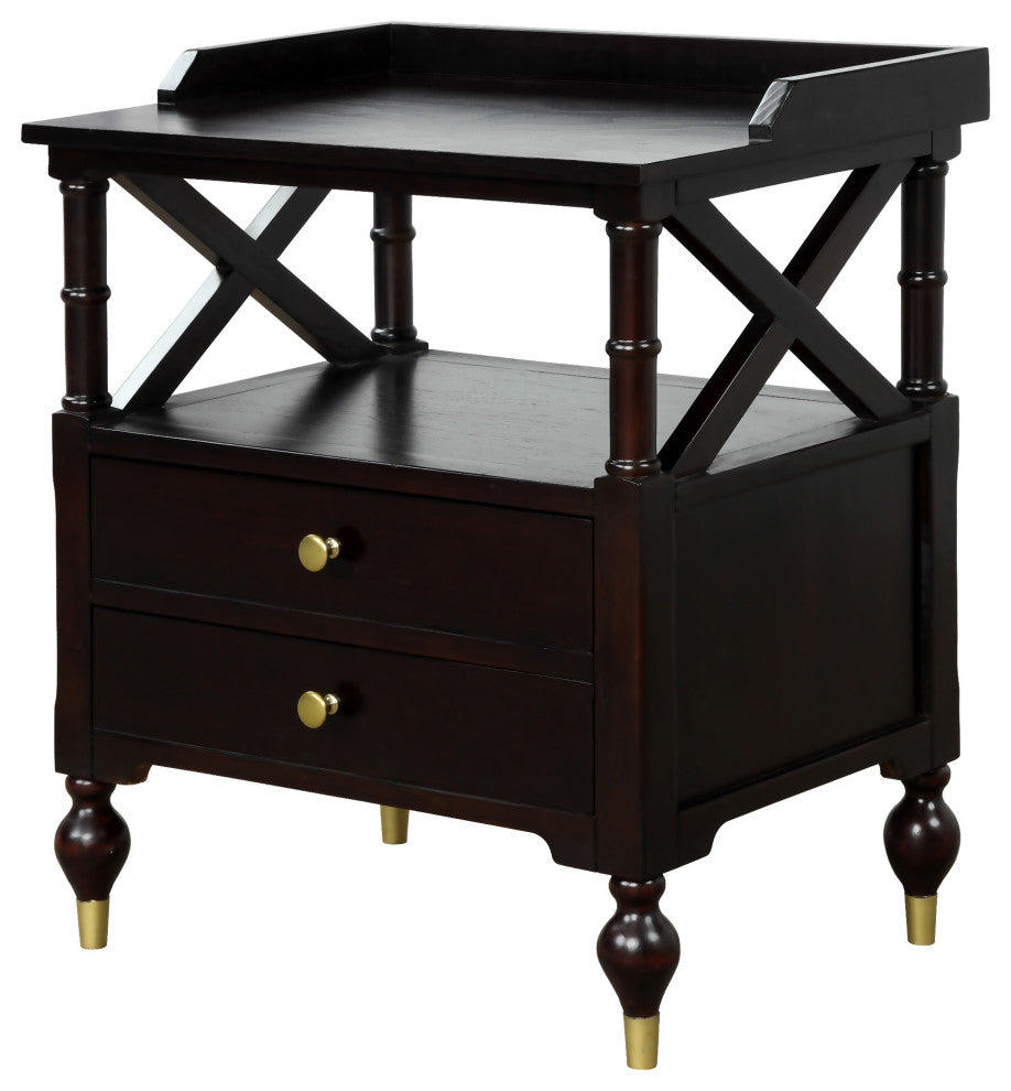 2-Drawer Solid Wood Nightstand with Open Shelf, Espresso, 27" Tall