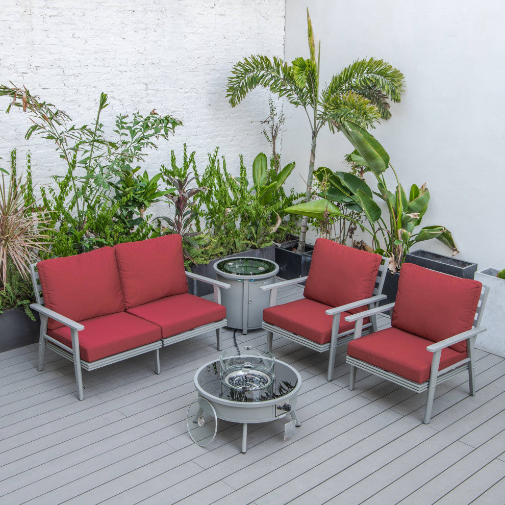 LeisureMod Walbrooke Grey Patio Sofa Set With Round Fire Pit Table, Red
