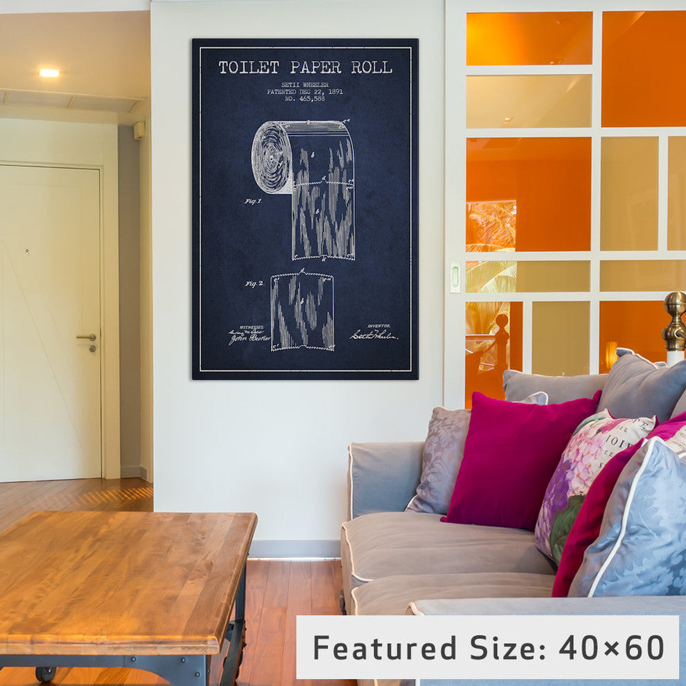 "Toilet Paper Navy Blue Patent Blueprint" by Aged Pixel, 40x26x1.5"