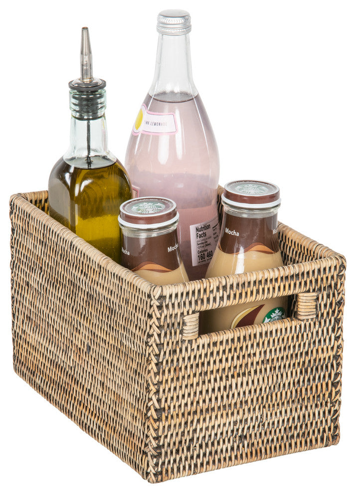 La Jolla Rattan Shelf Basket with Handles, Small, Black-Wash