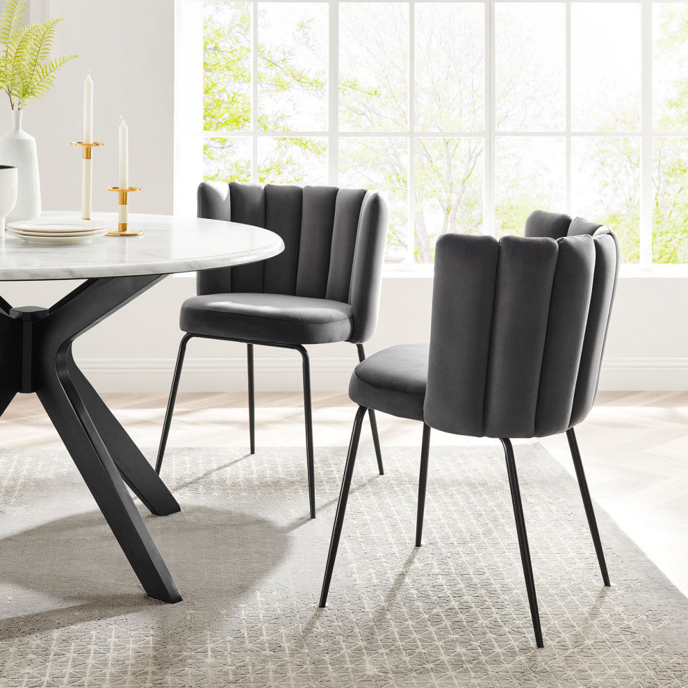Dining Chair, Set of 2, Black Gray, Velvet, Modern Cafe Bistro Hospitality