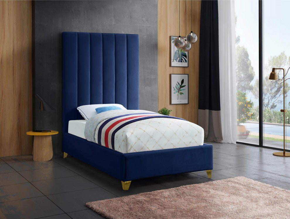 Via Velvet Upholstered Bed, Navy, Twin