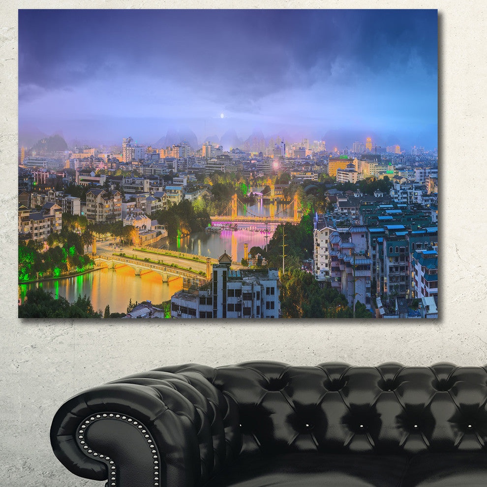 Li River and Karst Hills Panorama, Cityscape Canvas Art Print, 40"x30"