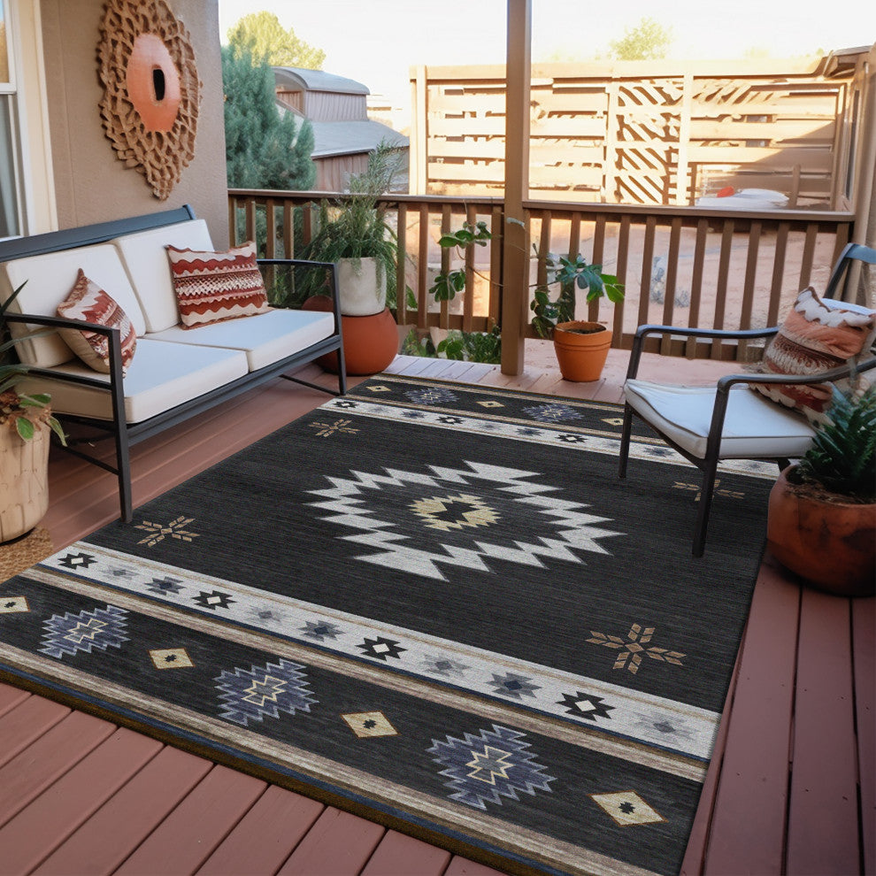 Indoor/Outdoor Phoenix PH4 Black Machine Washable 9' x 12' Rug
