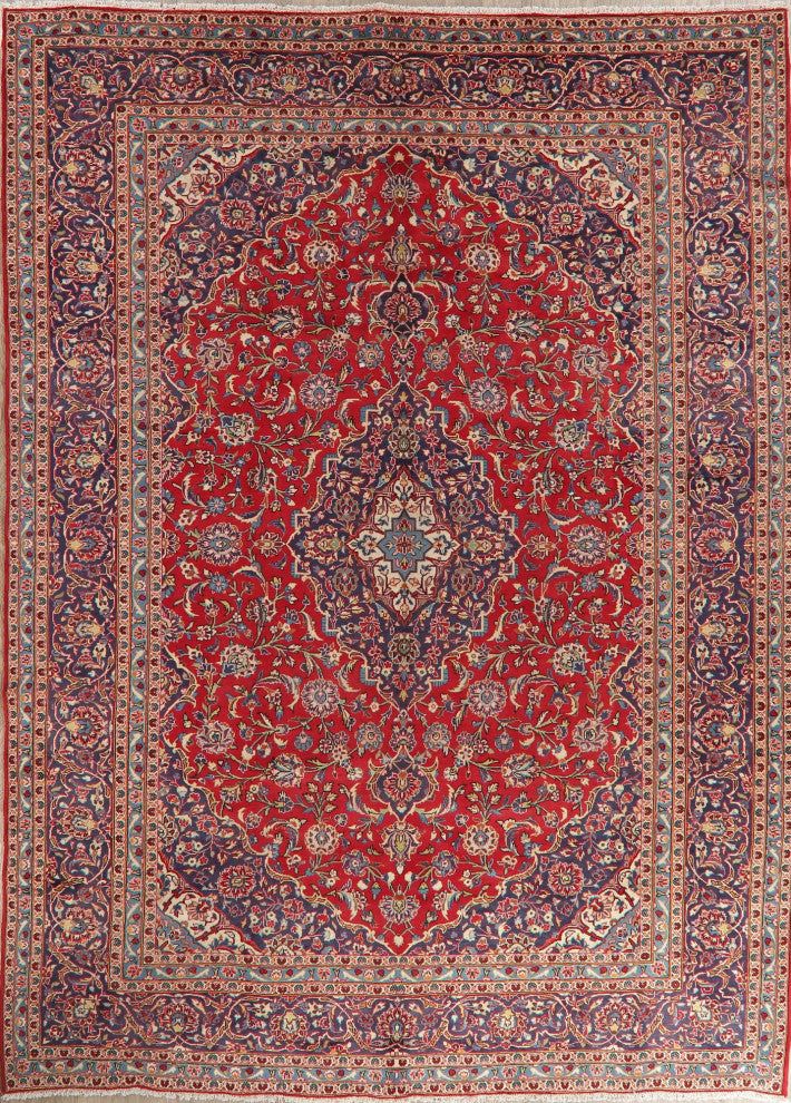 Consigned, Oriental Persian Handmade Vintage-Style Low Pile Area Rug, Red, 10x13