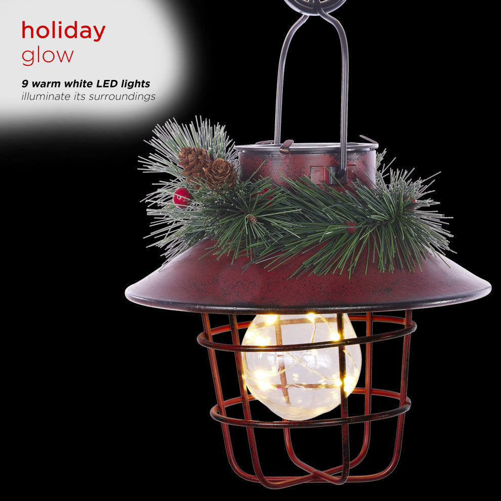 Metal Lantern w/ Shepherd's Hook and Warm White LED, Red