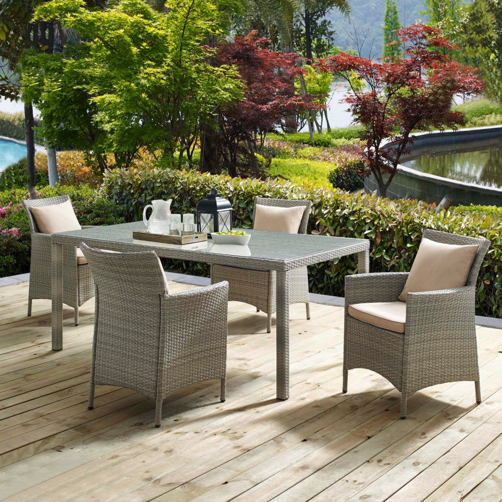 Side Dining Chair and Table Set, Rattan, Wicker, Gray Beige, Outdoor