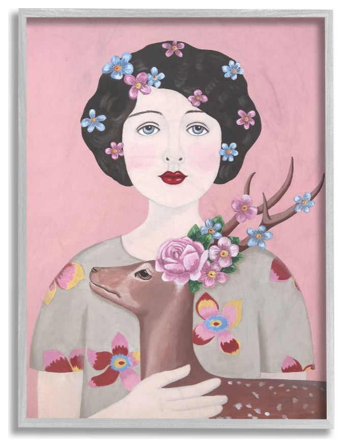 Woman And Deer Pink Animal Painting, 16"x20"