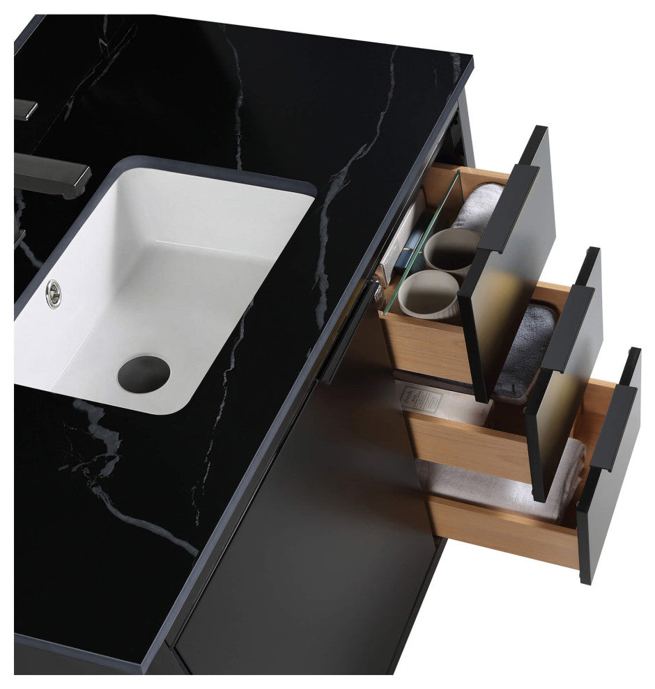Opulence Bath Vanity, Black Matte, 36", Black Hardware, Black Marble Top