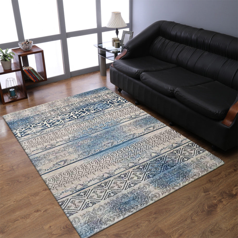 Machine Woven Heatset Polypropylene Area Rug Contemporary Beige Blue, [Rectangle] 4'x6'