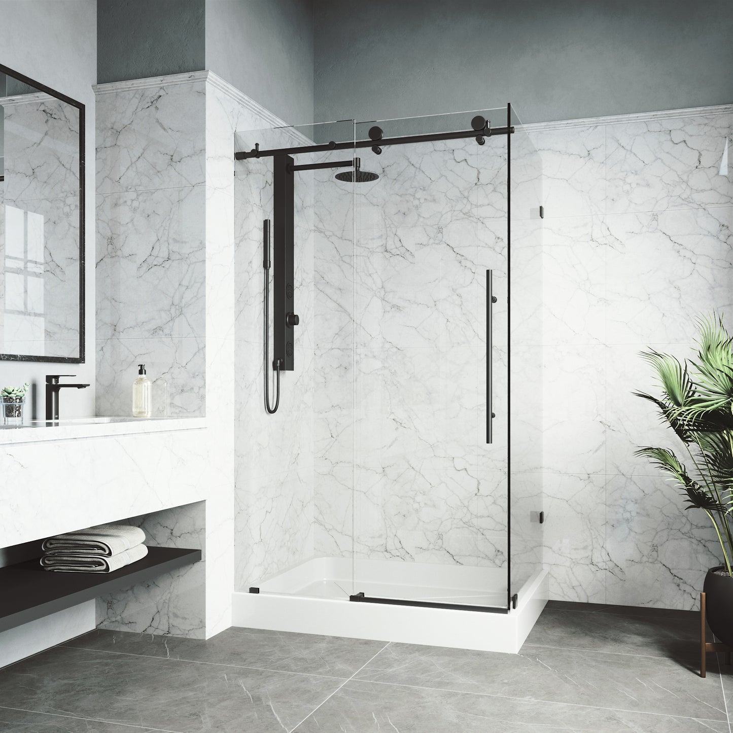 VIGO Elan E-Class Frameless Sliding Shower Enclosure, Matte Black, 36" D X 48" W X 82" H, Left Base