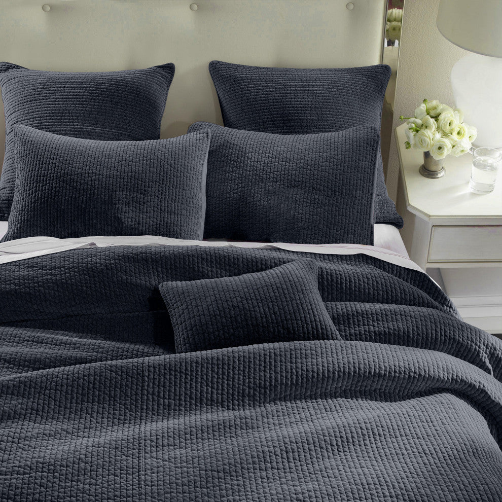 Stonewashed Cotton Velvet Quilt Set, King, Navy, 3 Piece