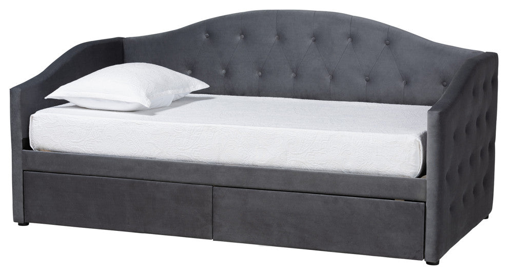 Mansi Modern Grey Velvet Fabric Upholstered Full Size 2-Drawer Daybed